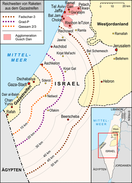Maßstäbliche Karte der möglichen Reichweiten von Raketen, die aus dem Gazastreifen auf israelisches Gebiet abgefeuert werden.